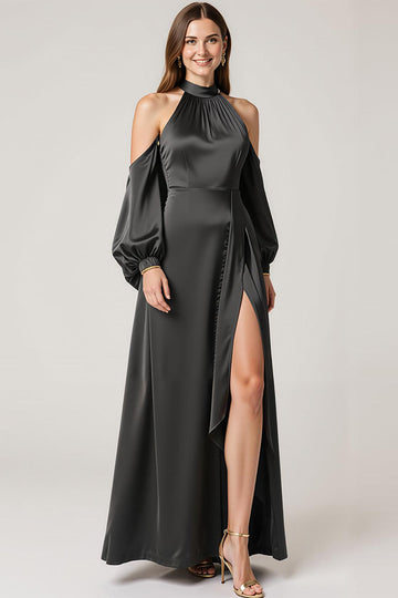 Robe formelle en satin noir dos nu avec fente